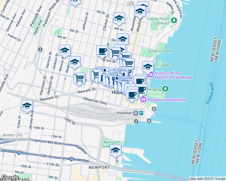 map of restaurants, bars, coffee shops, grocery stores, and more near 163 Newark Street in Hoboken