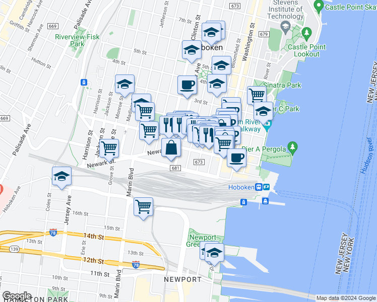 map of restaurants, bars, coffee shops, grocery stores, and more near 72 Park Avenue in Hoboken
