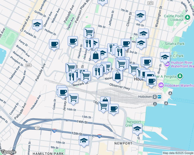 map of restaurants, bars, coffee shops, grocery stores, and more near 462 Newark Street in Hoboken