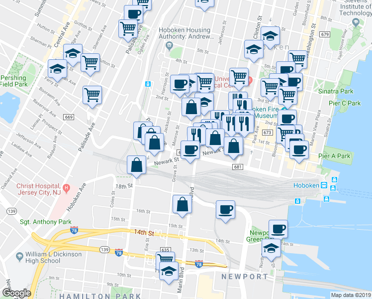 map of restaurants, bars, coffee shops, grocery stores, and more near 551 Observer Highway in Hoboken