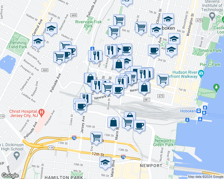 map of restaurants, bars, coffee shops, grocery stores, and more near 551 Observer Highway in Hoboken