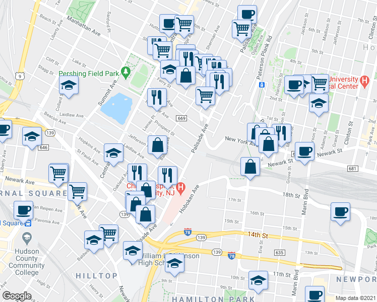 map of restaurants, bars, coffee shops, grocery stores, and more near 235 Palisade Avenue in Jersey City