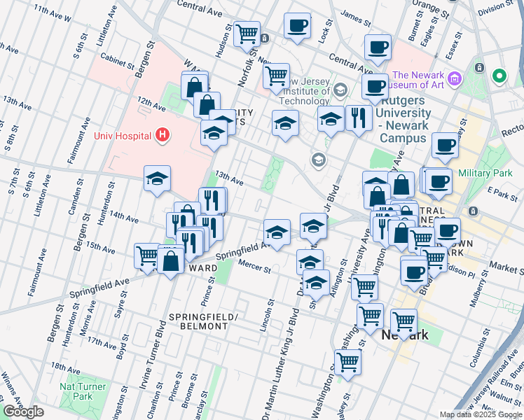map of restaurants, bars, coffee shops, grocery stores, and more near 73 Howard Street in Newark