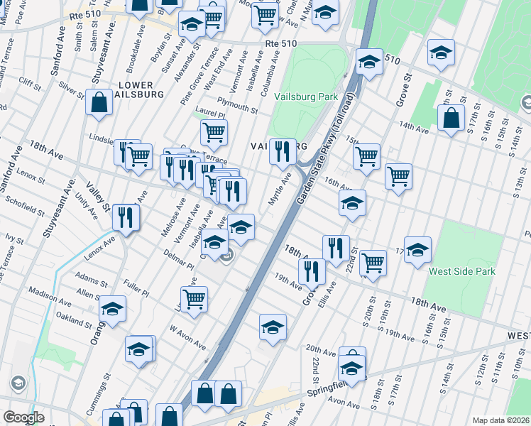 map of restaurants, bars, coffee shops, grocery stores, and more near 337 Myrtle Avenue in Irvington