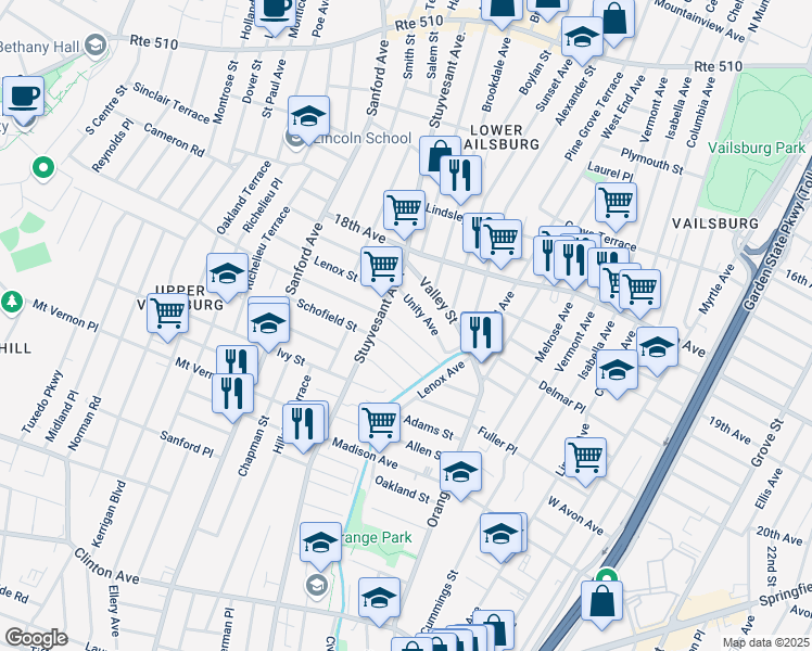 map of restaurants, bars, coffee shops, grocery stores, and more near 29-31 Underwood Street in Newark