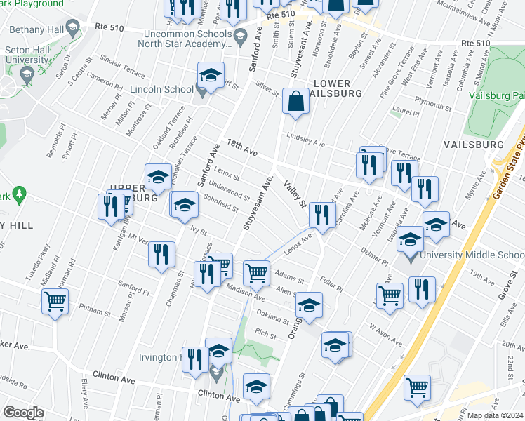 map of restaurants, bars, coffee shops, grocery stores, and more near 274 Stuyvesant Avenue in Newark
