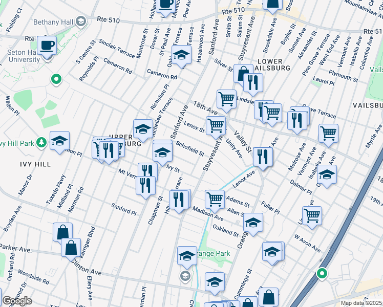 map of restaurants, bars, coffee shops, grocery stores, and more near 9 Bayard Place in Newark