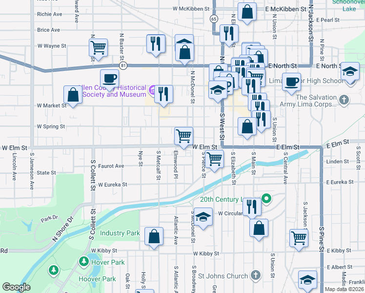 map of restaurants, bars, coffee shops, grocery stores, and more near 515 West Elm Street in Lima