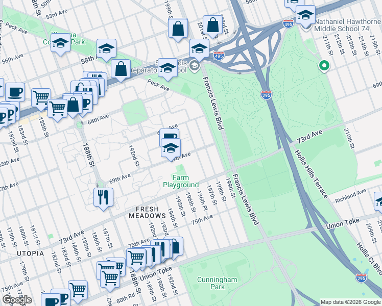 map of restaurants, bars, coffee shops, grocery stores, and more near 69-08 197th Street in Queens