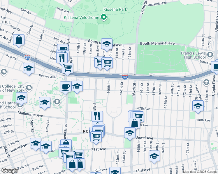 map of restaurants, bars, coffee shops, grocery stores, and more near 159-17 65th Avenue in Queens