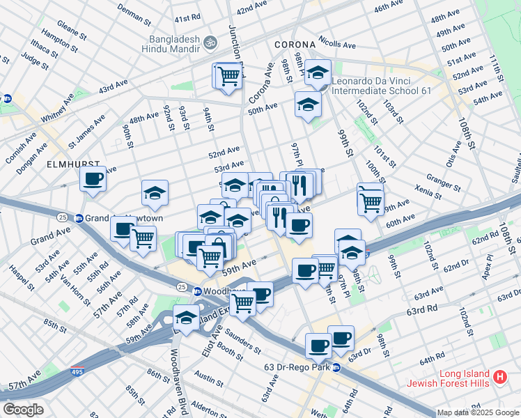 map of restaurants, bars, coffee shops, grocery stores, and more near 95-13 57th Avenue in Queens