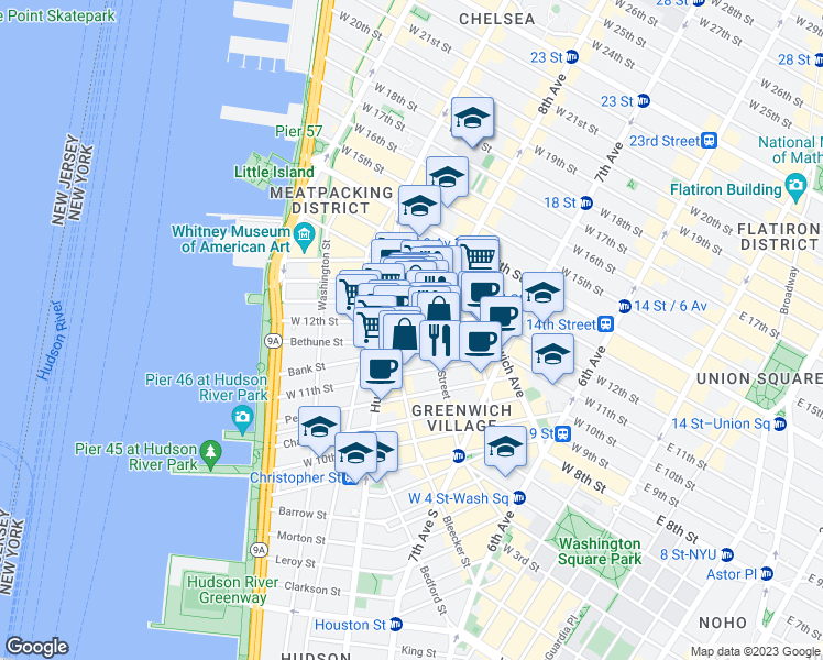 map of restaurants, bars, coffee shops, grocery stores, and more near 55 Bank Street in New York