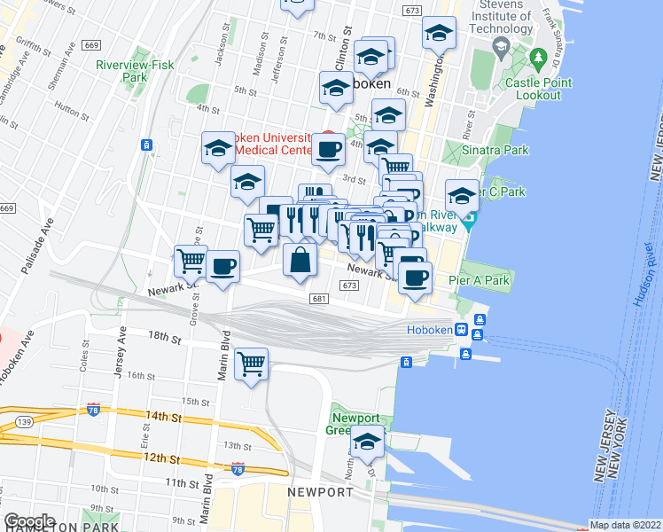 map of restaurants, bars, coffee shops, grocery stores, and more near 72 Park Avenue in Hoboken