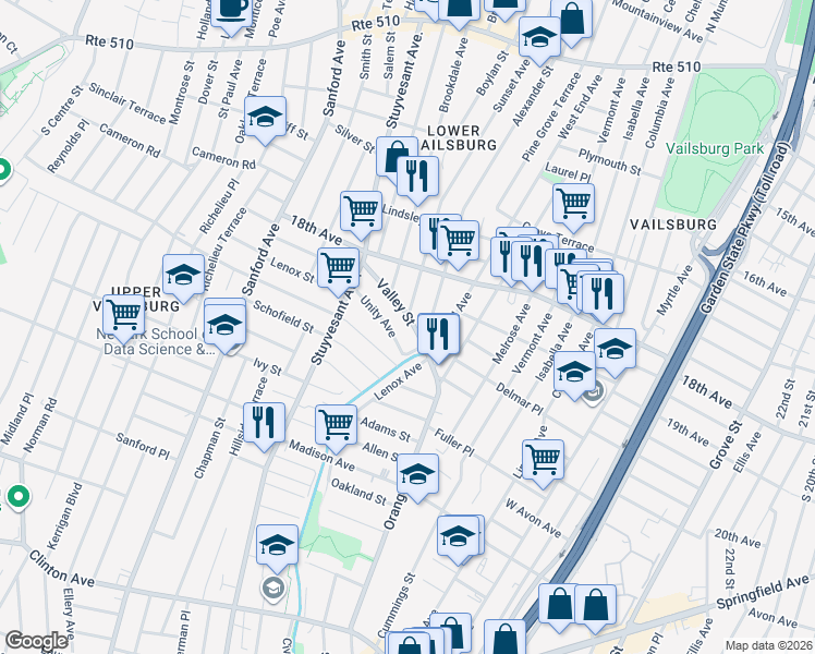 map of restaurants, bars, coffee shops, grocery stores, and more near 16 Valley Street in Newark