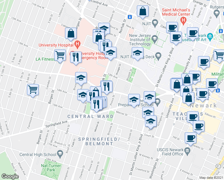 map of restaurants, bars, coffee shops, grocery stores, and more near 91-97 South Orange Avenue in Newark