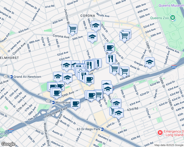 map of restaurants, bars, coffee shops, grocery stores, and more near 97-20 57th Avenue in Queens