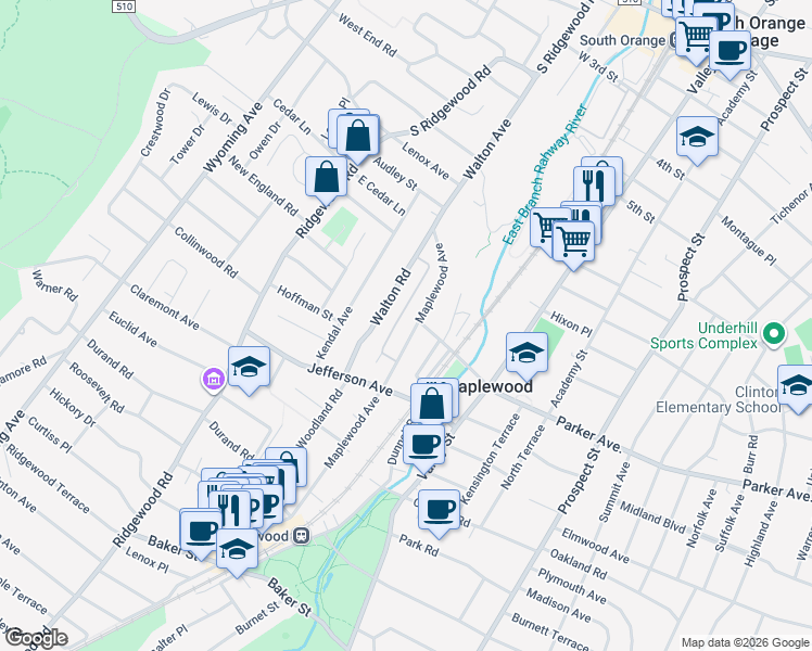 map of restaurants, bars, coffee shops, grocery stores, and more near 45 Maplewood Avenue in Maplewood