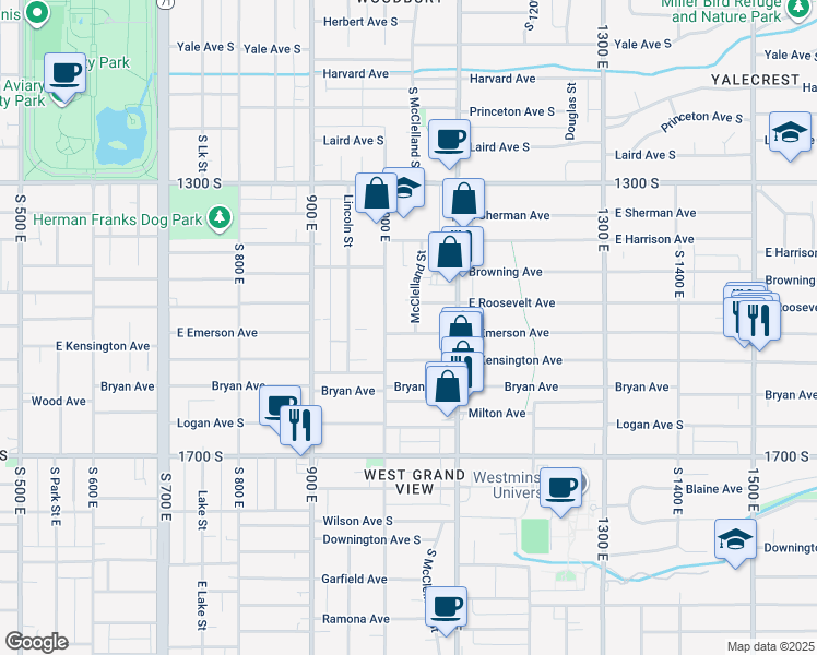 map of restaurants, bars, coffee shops, grocery stores, and more near 1027 East Emerson Avenue in Salt Lake City