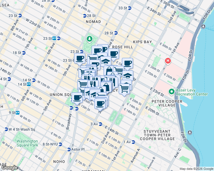 map of restaurants, bars, coffee shops, grocery stores, and more near Gramercy Park S & Gramercy Park E in New York