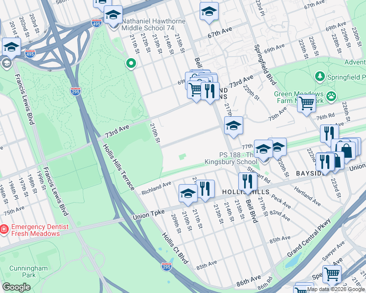 map of restaurants, bars, coffee shops, grocery stores, and more near 211-02 75th Avenue in Queens