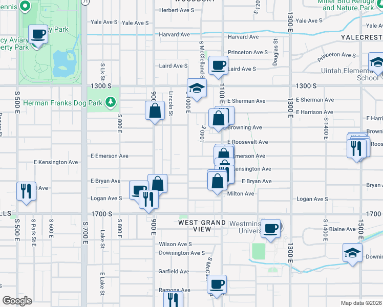 map of restaurants, bars, coffee shops, grocery stores, and more near 1005 East Emerson Avenue in Salt Lake City