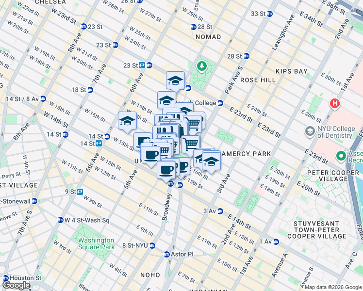 map of restaurants, bars, coffee shops, grocery stores, and more near 18 East 16th Street in New York