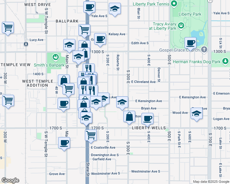 map of restaurants, bars, coffee shops, grocery stores, and more near 1482 Roberta Street in Salt Lake City