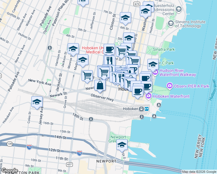 map of restaurants, bars, coffee shops, grocery stores, and more near 72 Park Avenue in Hoboken