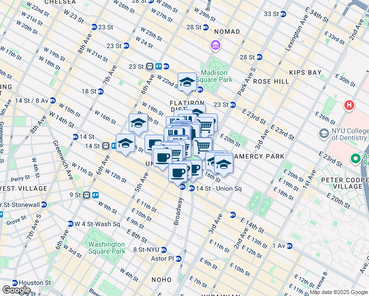 map of restaurants, bars, coffee shops, grocery stores, and more near 18 East 16th Street in New York