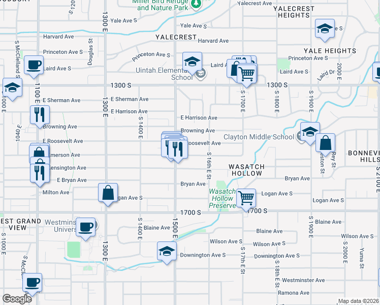 map of restaurants, bars, coffee shops, grocery stores, and more near 1537 East Emerson Avenue in Salt Lake City