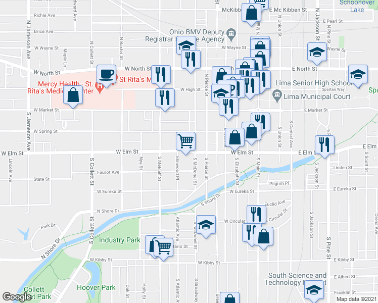 map of restaurants, bars, coffee shops, grocery stores, and more near 514 West Elm Street in Lima