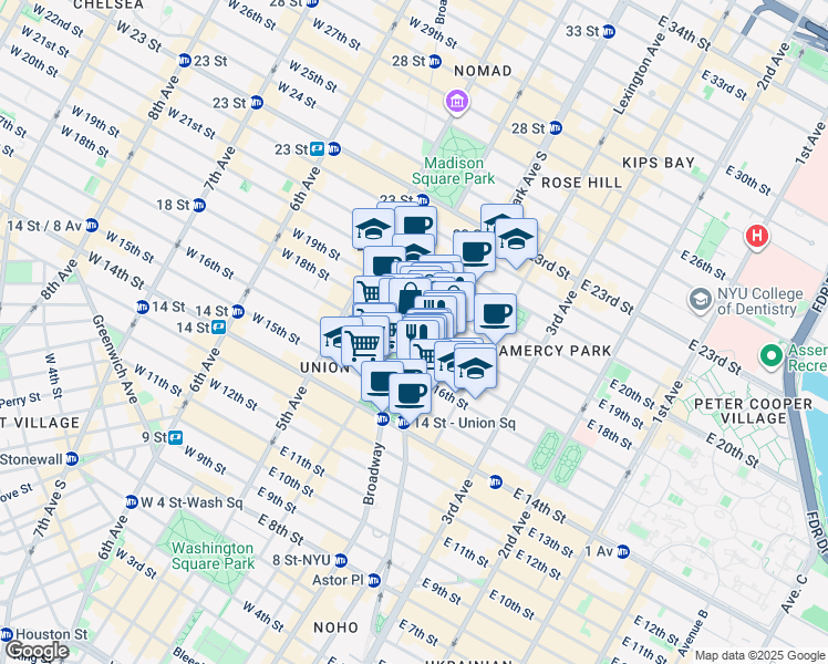 map of restaurants, bars, coffee shops, grocery stores, and more near 37 East 18th Street in New York
