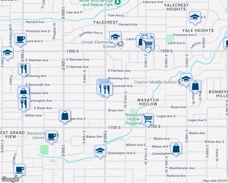 map of restaurants, bars, coffee shops, grocery stores, and more near 1537 East Emerson Avenue in Salt Lake City