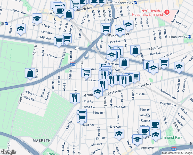 map of restaurants, bars, coffee shops, grocery stores, and more near 49-09 67th Street in Queens