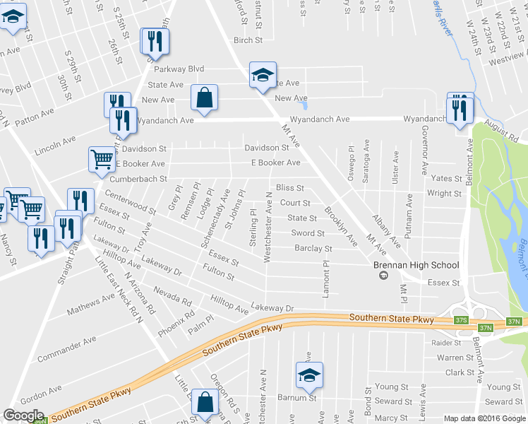 map of restaurants, bars, coffee shops, grocery stores, and more near 296 Westchester Avenue North in West Babylon