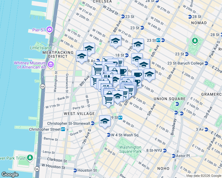 map of restaurants, bars, coffee shops, grocery stores, and more near 175 West 12th Street in New York
