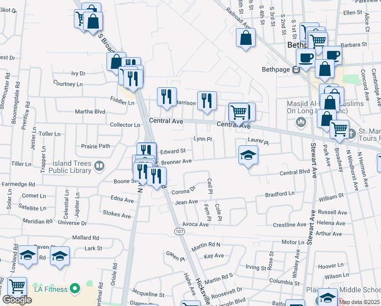 map of restaurants, bars, coffee shops, grocery stores, and more near 30 Edward Street in Bethpage