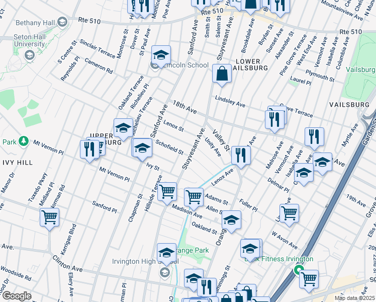 map of restaurants, bars, coffee shops, grocery stores, and more near 265 Stuyvesant Avenue in Newark