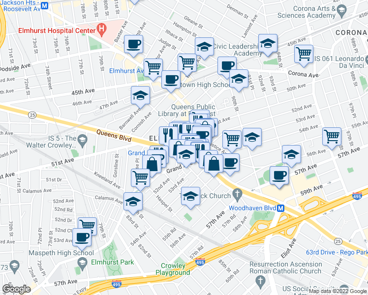 map of restaurants, bars, coffee shops, grocery stores, and more near 84-11 Queens Boulevard in Queens