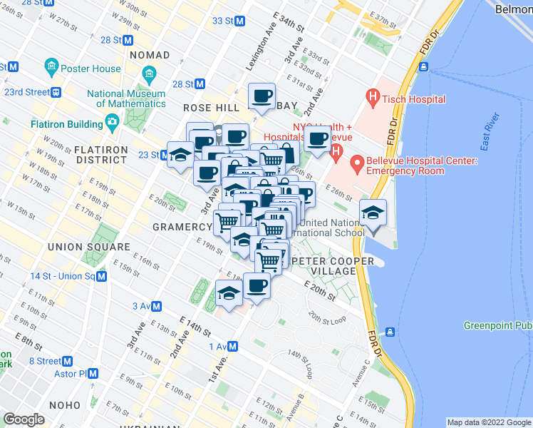 map of restaurants, bars, coffee shops, grocery stores, and more near 320 East 23rd Street in New York