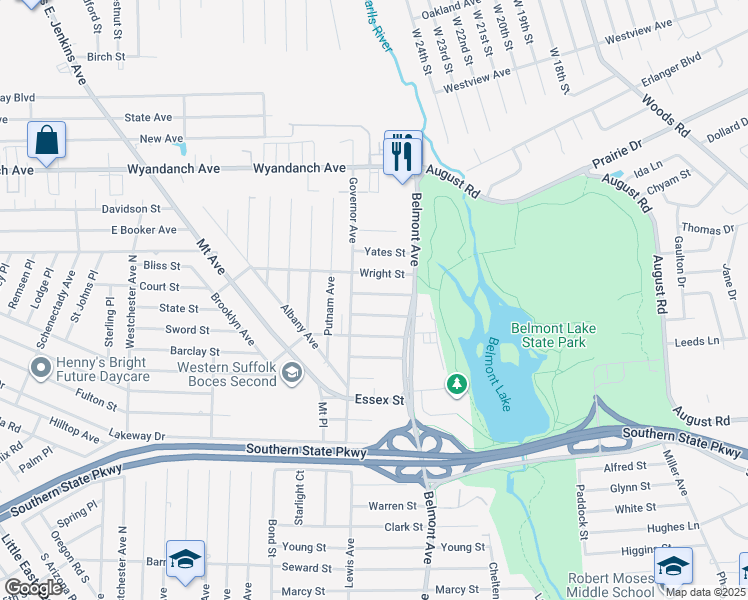 map of restaurants, bars, coffee shops, grocery stores, and more near 18 Pitcher Street in West Babylon