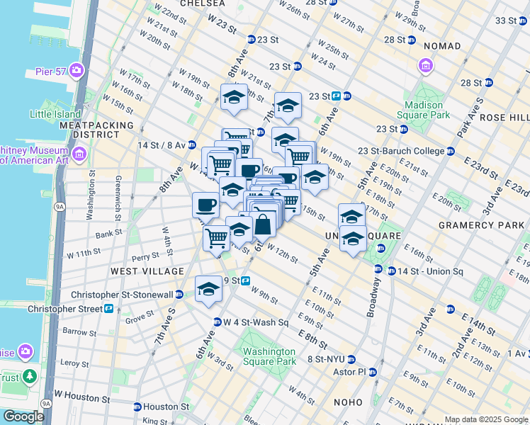 map of restaurants, bars, coffee shops, grocery stores, and more near in New York