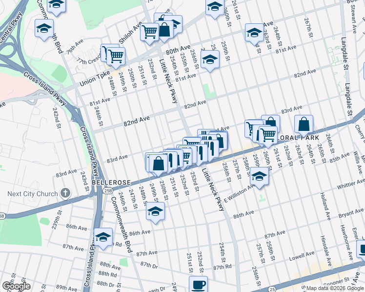 map of restaurants, bars, coffee shops, grocery stores, and more near 83-19 252nd Street in Queens