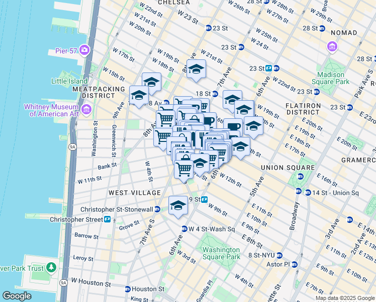 map of restaurants, bars, coffee shops, grocery stores, and more near 157 West 12th Street in New York