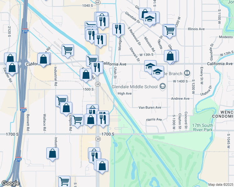 map of restaurants, bars, coffee shops, grocery stores, and more near 2740 Utah Street in Salt Lake City