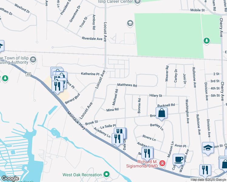 map of restaurants, bars, coffee shops, grocery stores, and more near 129 Matthews Road in Oakdale
