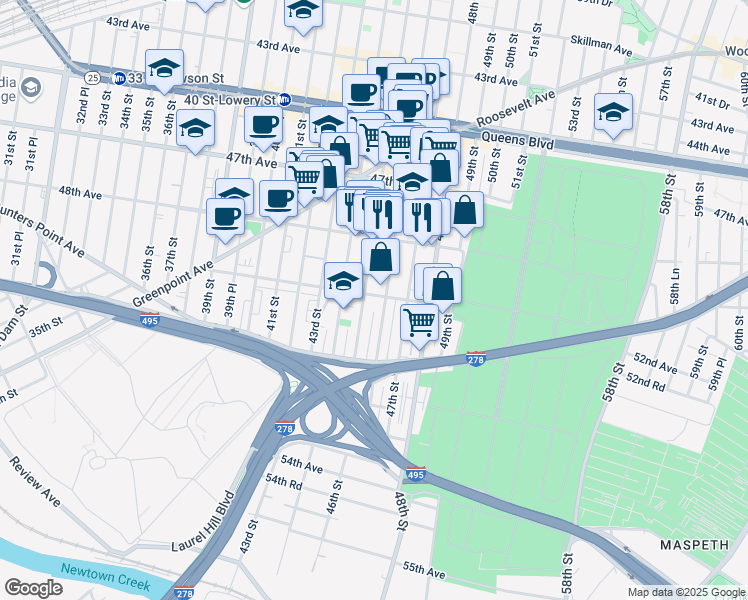 map of restaurants, bars, coffee shops, grocery stores, and more near 50-12 46th Street in Queens