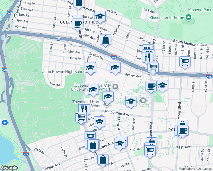 map of restaurants, bars, coffee shops, grocery stores, and more near 65-30 Kissena Boulevard in Queens