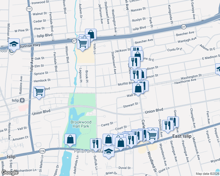 map of restaurants, bars, coffee shops, grocery stores, and more near 36 Moffitt Boulevard in East Islip