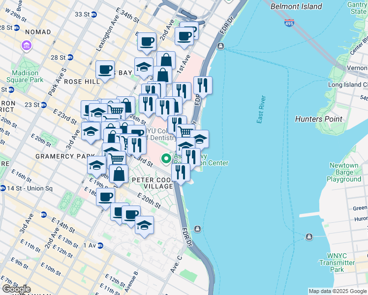 map of restaurants, bars, coffee shops, grocery stores, and more near 10 Waterside Plaza in New York